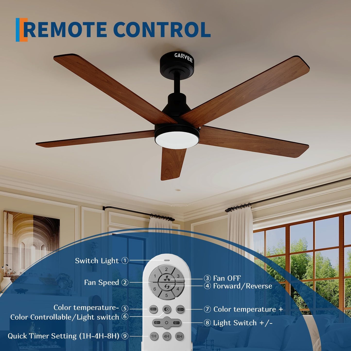 GarveeHome 42 Inch Ceiling Fans with Lights and Remote, 6 Speed Reversible Quiet DC Motor, 3CCT Dimmable LED, Black Ceiling Fans with Dual Finish