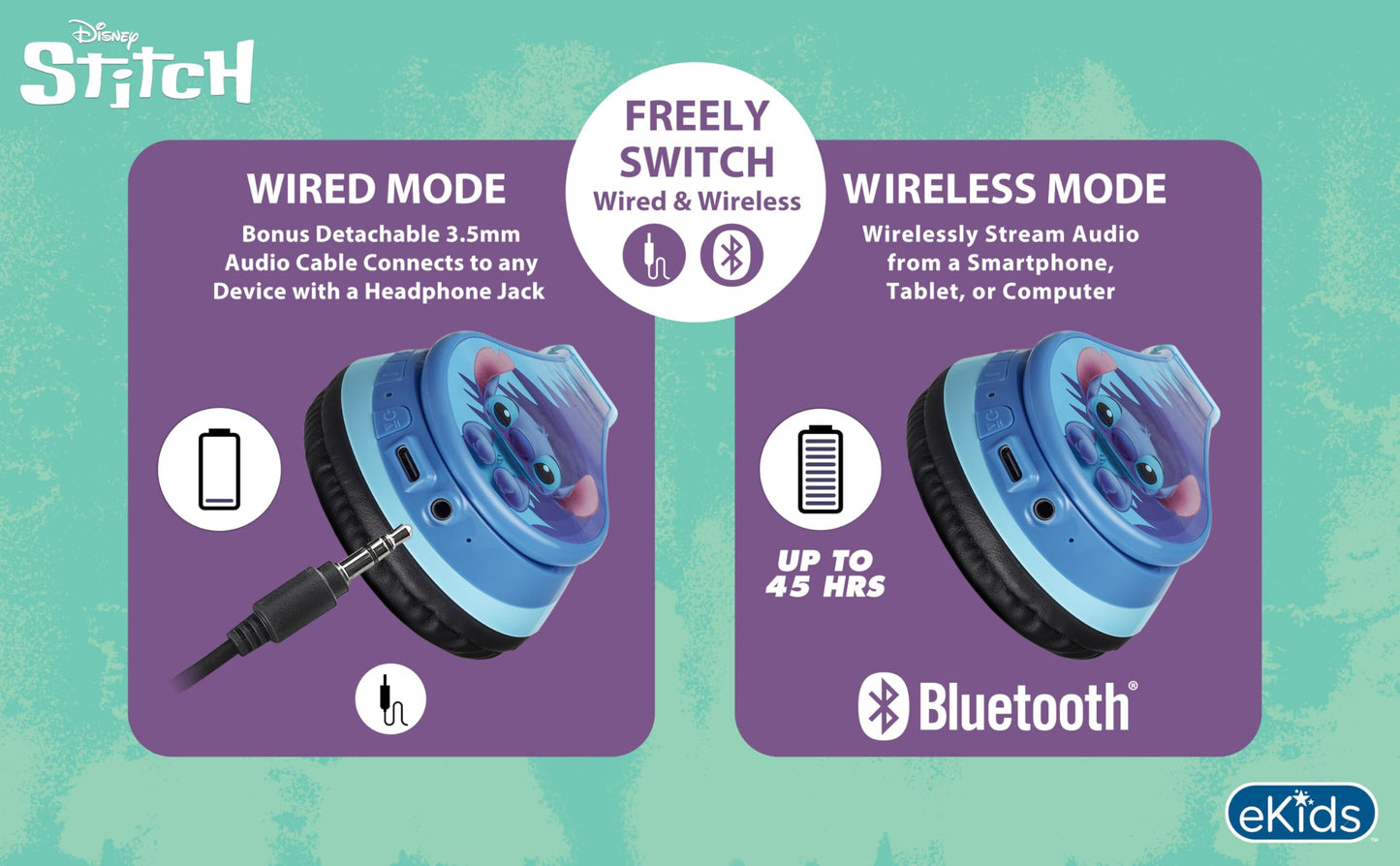 Disney Stitch Bluetooth Headphones for Kids, Wireless Headphones for School, Home or Travel