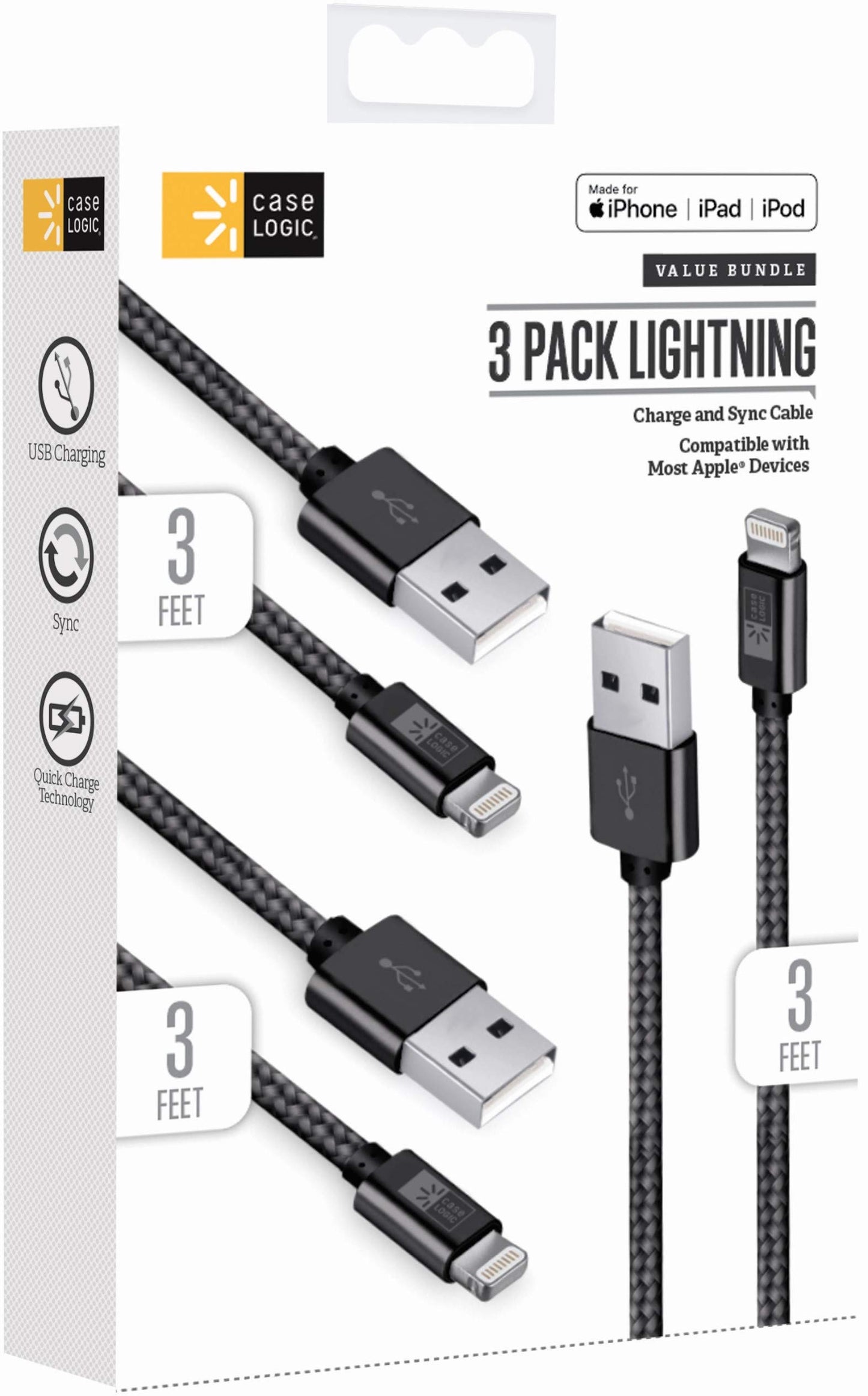 Bytech 3PACK Lightning Cables,3 Pack- Black,3 Foot