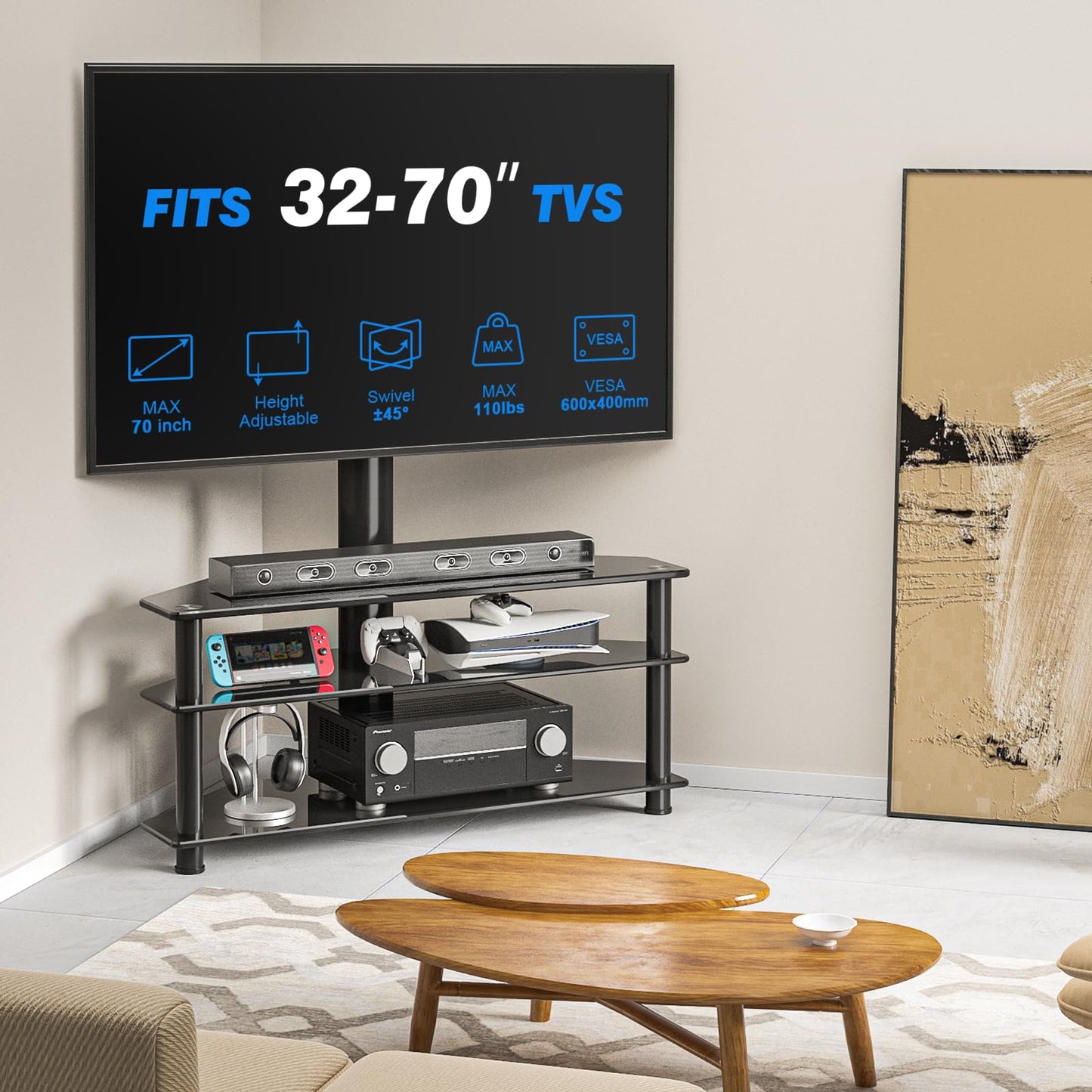Rfiver Corner Swivel Glass TV Stand with Mount for 32-70 Inch Screen TV up to 110lbs, Height Adjustable Corner TV Stand with Mount, Entertainment