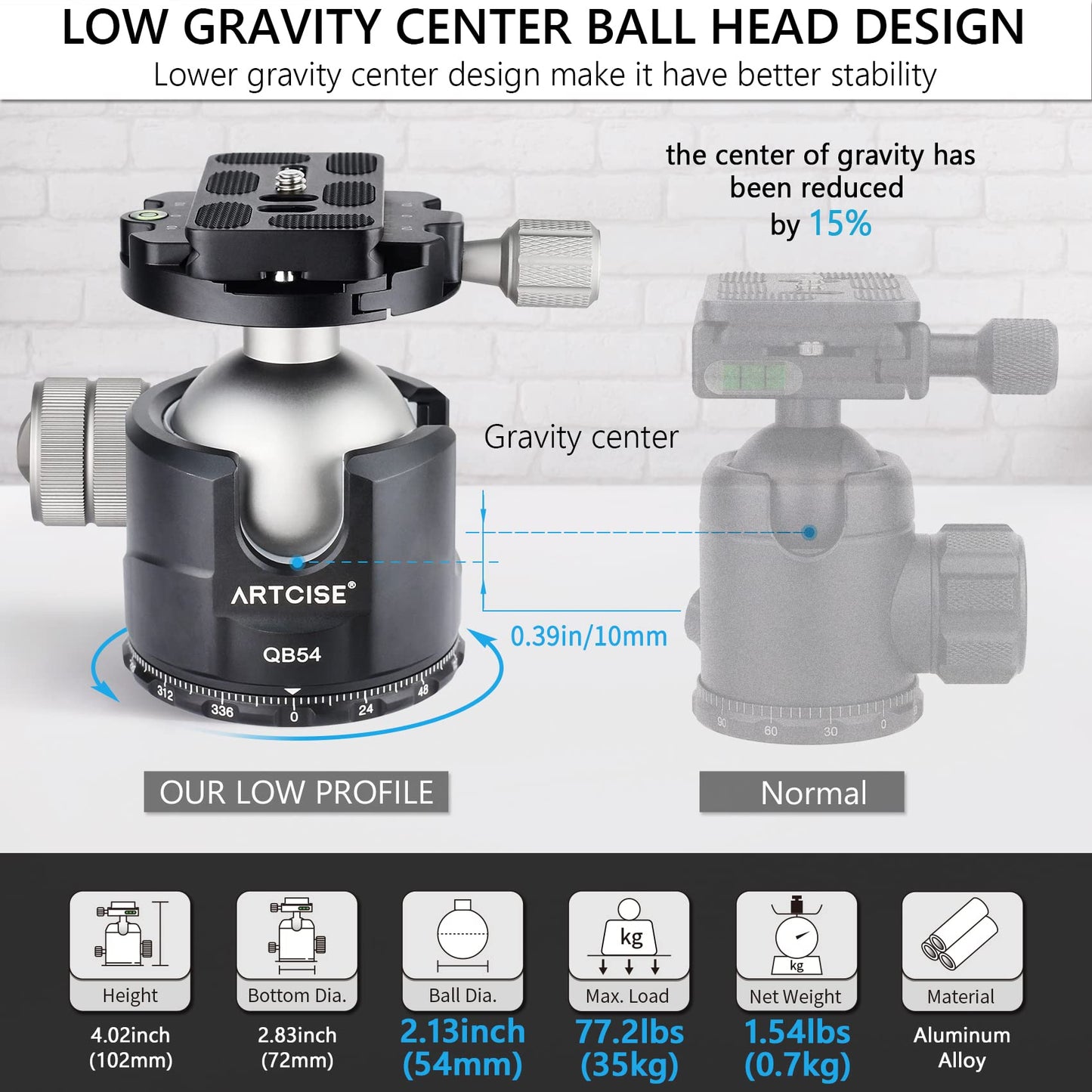 Low Profile Ball Head Unique 54mm Ball 360 Panoramic Tripod Head CNC Aluminium Alloy Metal Ball-Head Arca Swiss Quick Release Plate Max Loading