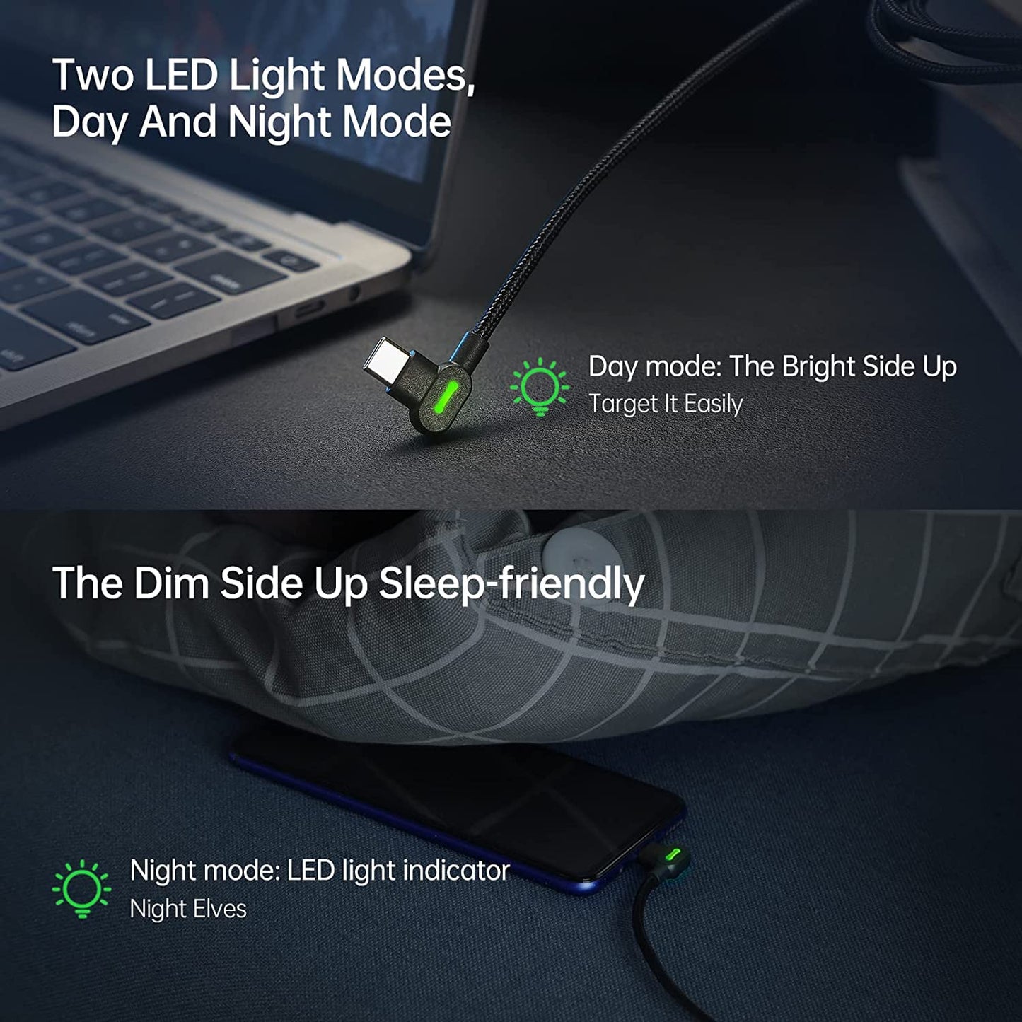Type C USB 90 Degree Right Angle Elbow Design Game LED Strong Nylon Braided Sync Charge USB Data 6FT Cable Compatible Galaxy S20 S10 S9 S8 Plus Note