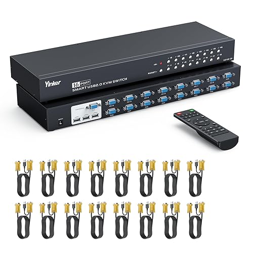 Yinker 16 Port KVM Switch VGA, Rack Mount KVM Console VGA 16x1 w/16-Pack KVM Cables IR Remote & Rack Mount Ears Support HD 1U 19'' Rack Cabinet
