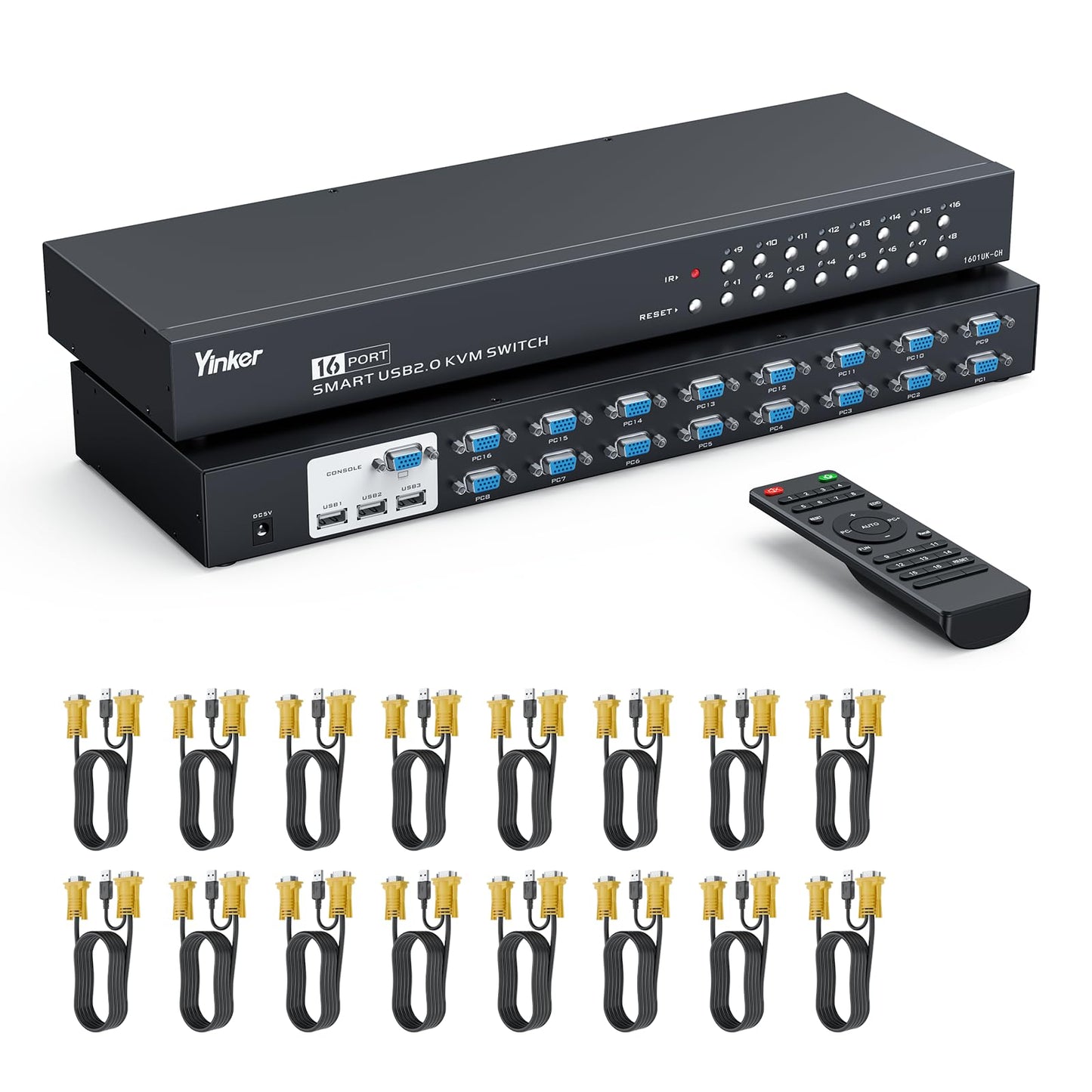 Yinker 16 Port KVM Switch VGA, Rack Mount KVM Console VGA 16x1 w/16-Pack KVM Cables IR Remote & Rack Mount Ears Support HD 1U 19'' Rack Cabinet