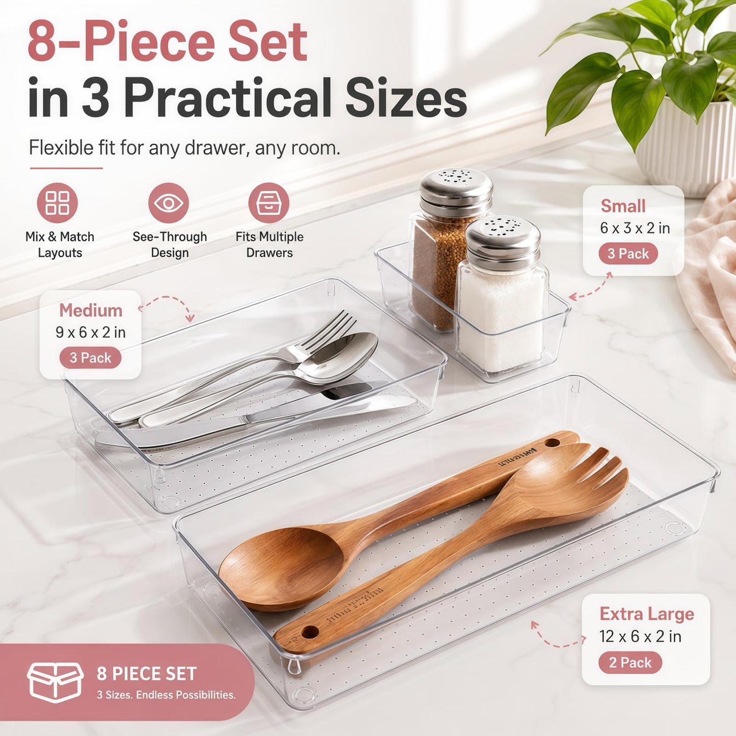 8 Pack Large Clear Plastic Drawer Organizer Bins - Acrylic Bathroom Drawer Organizer Trays - Heavy Duty Kitchen Drawer Dividers for Utensils