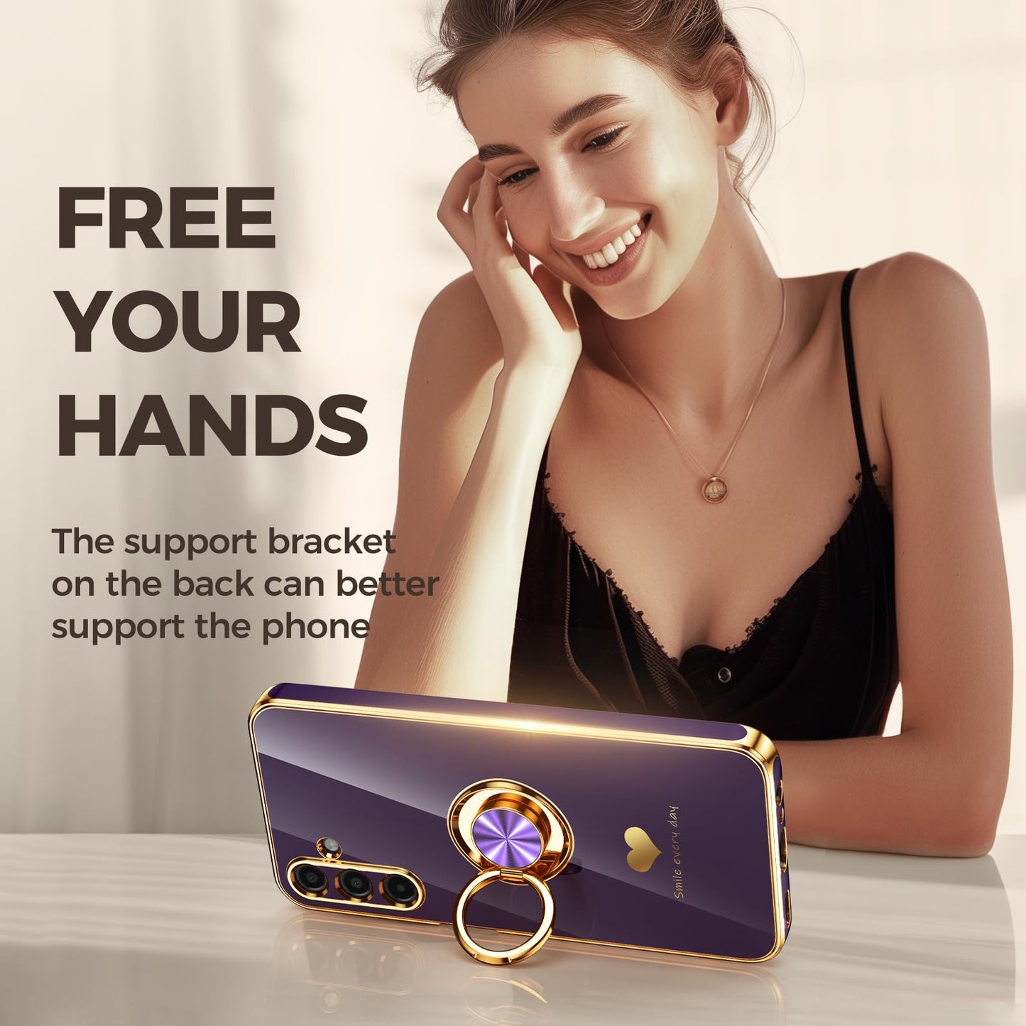 Nonional for Samsung Galaxy A15 5G Case with 2 Pack Screen Protector, 360° Rotatable Ring Holder [Luxury Hearts Pattern] Plating Gold Edge Slim Soft