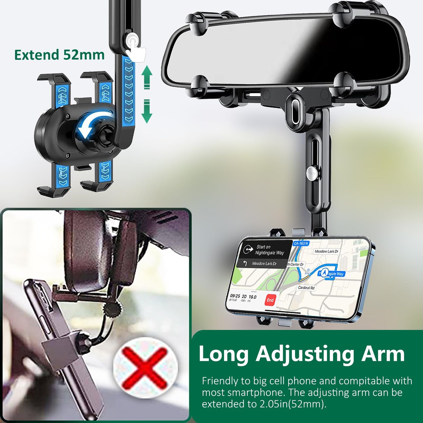 PKYAA Rearview Mirror Phone Holder for Car, 360° Rotating Rear View Mount with Adjustable Arm Length, Upgraded Four Corners Fixed Anti-Shake