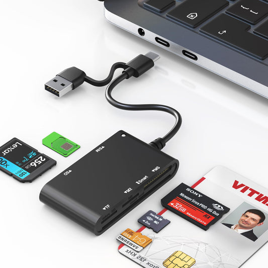 USB C/A Smart Card Reader and Memory Card Adapter 7 in 2 CAC Reader- Military CAC, SIM, SD/TF/MS Pro Duo/M2/IC/PIV Card Reader for Windows/Mac/Linux