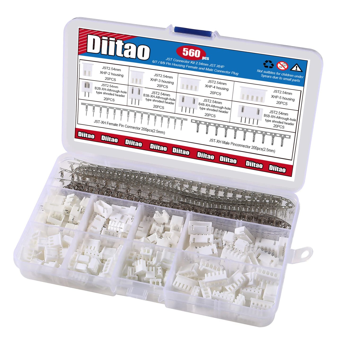 Diitao 560PCS for JST Connector Kit for JST-XHP 2/3/4/5 Pin Housing Female and Male Connector Plug, Adapter Cable Connector 2.54mm Male Female Pin