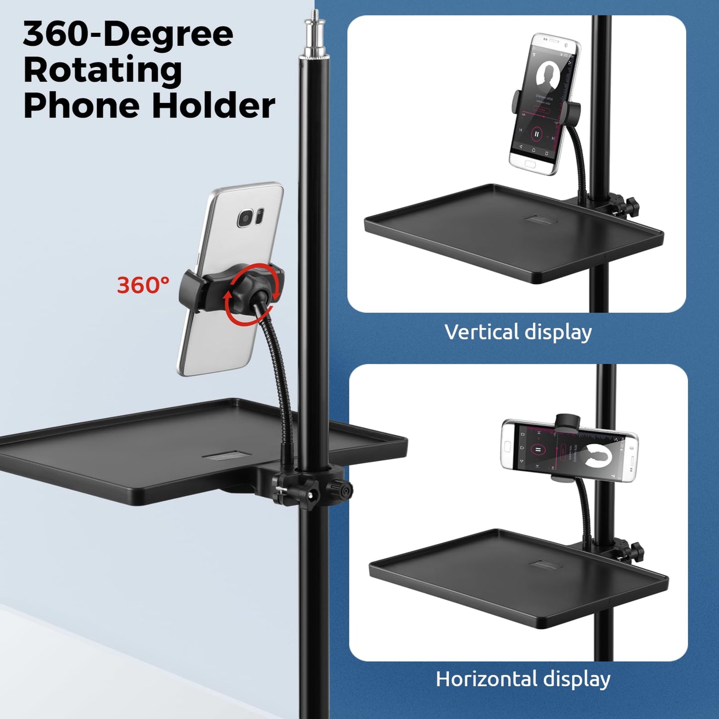 2-In-1 Microphone Stand Tray with Phone Holder, Clamp-On Mic Rack Tray Height Adjustable with Firm O-Ring Clamp, Mic Sound Card Holder for Recording