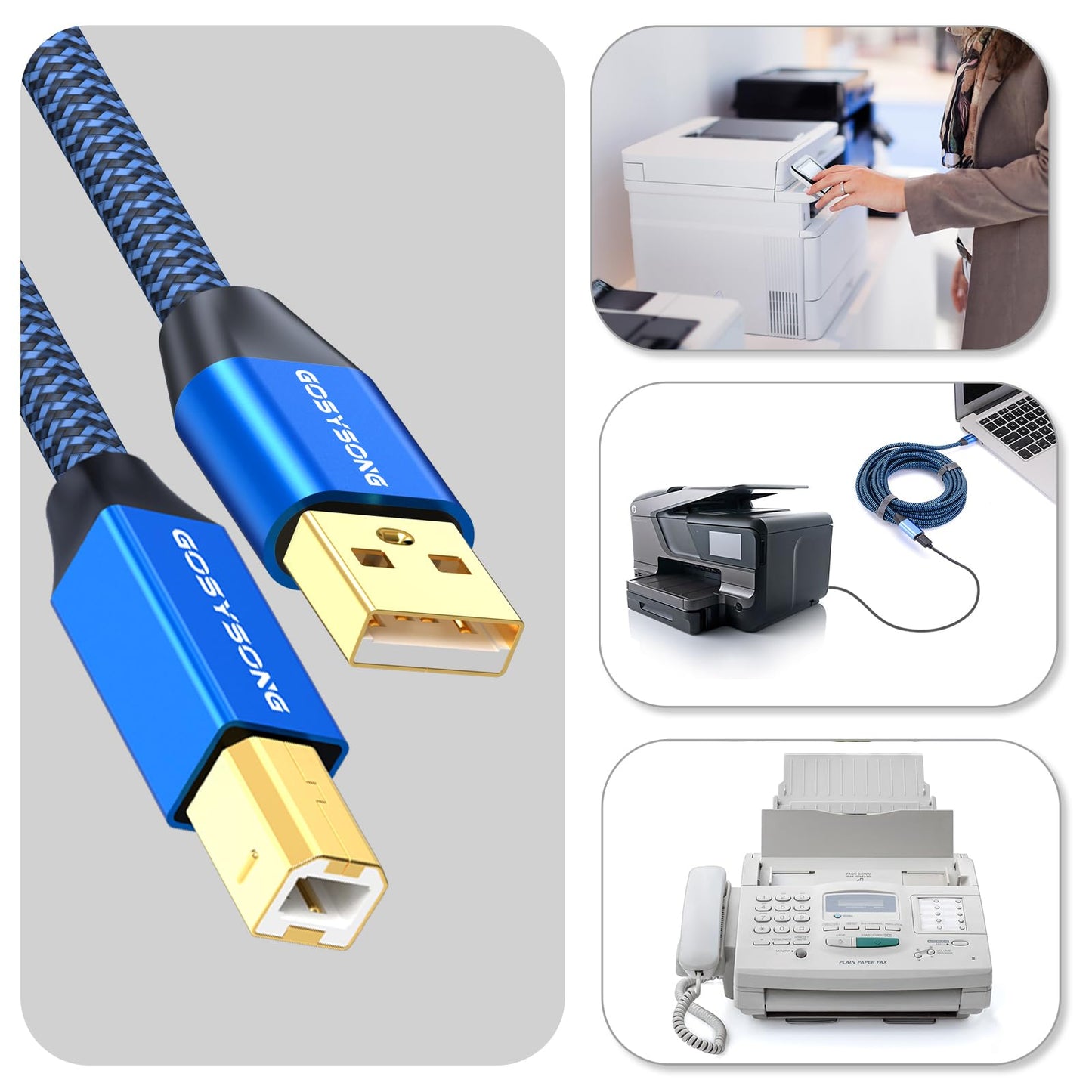 GOSYSONG 20ft USB 2.0 Printer Cable High Speed USB A to USB B Cable Compatible with HP, Canon, Dell, Epson, Xerox Printers (Blue)