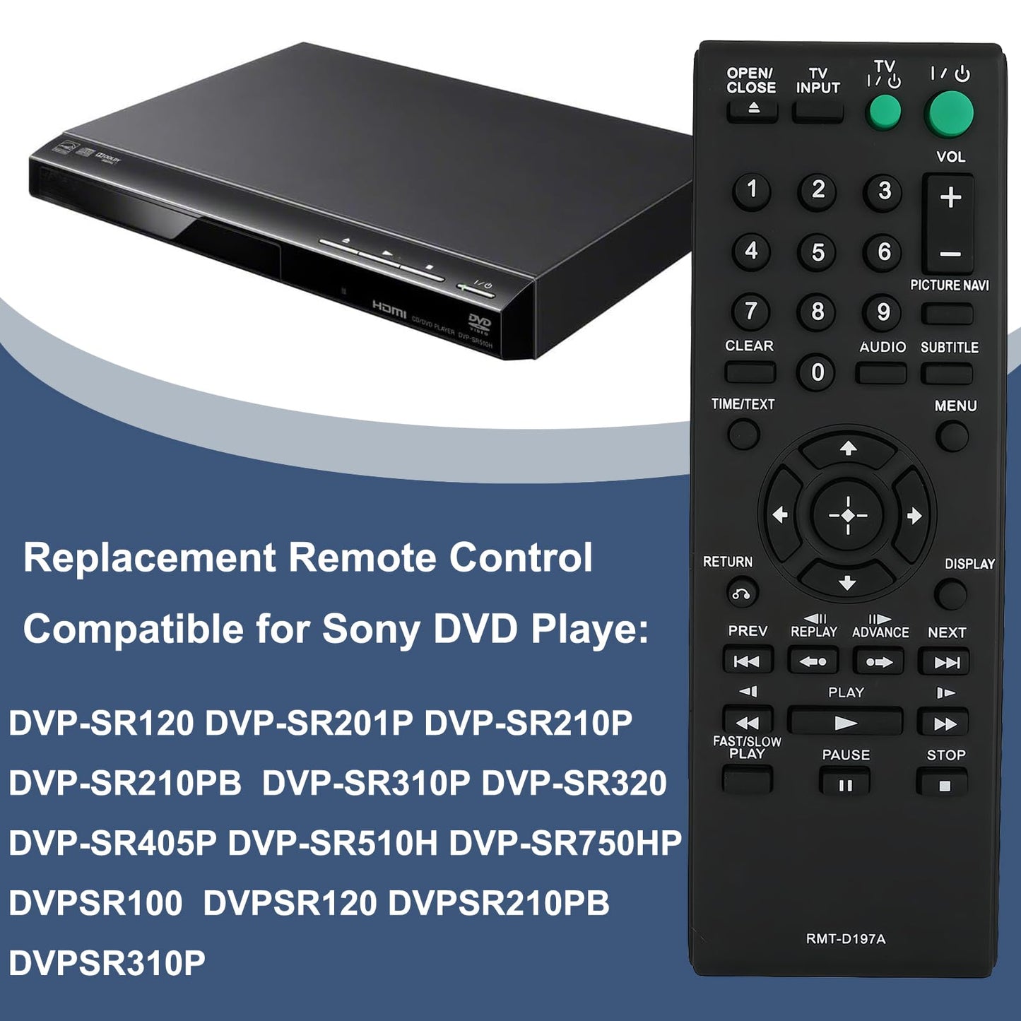New Replaced Remote Control RMT-D197A RMTD197A Compatible for Sony DVD Player DVP-SR510H DVP-SR320 DVP-SR405P DVP-SR510H DVP-SR201P DVP-SR210P