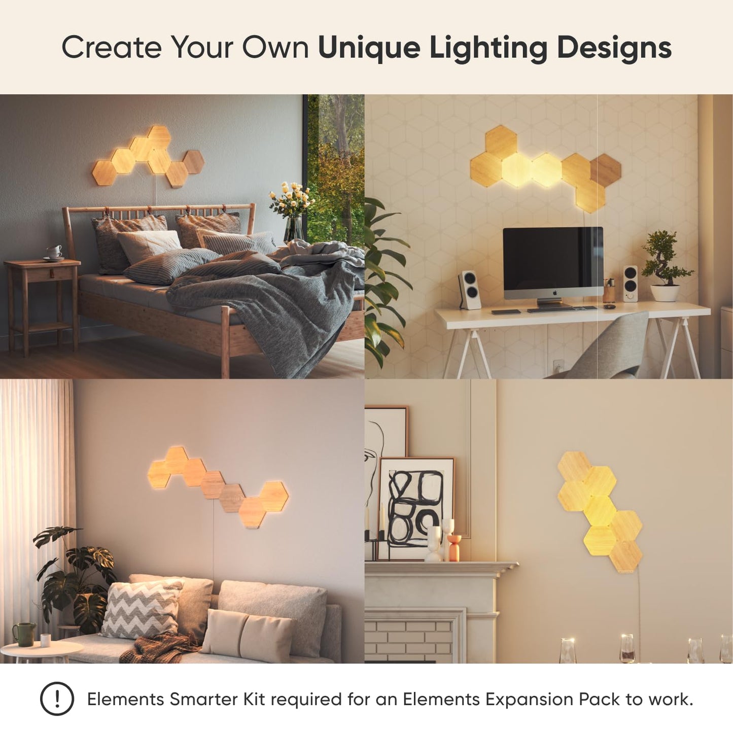 Nanoleaf Elements Wood Look Smart Wall Lights, Hexagon LED Wall Lights Work with Alexa Google Assistant, Home Wall Decor for Living Room with Music