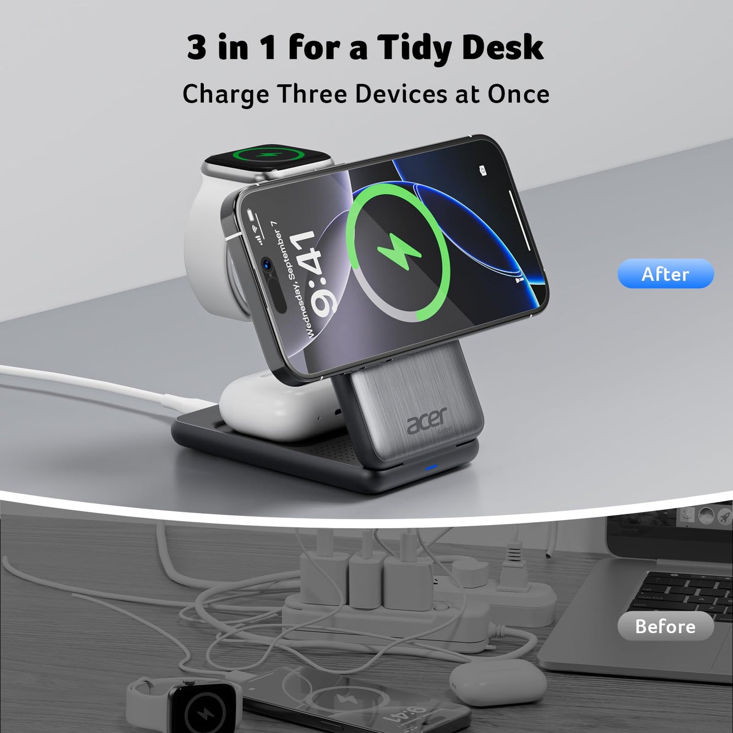 Acer 3 in 1 Charging Station for Apple Device, Magnetic Palm-Sized Foldable Fast Charger Stand Compatible with MagSafe for iPhone 17, Apple Watch