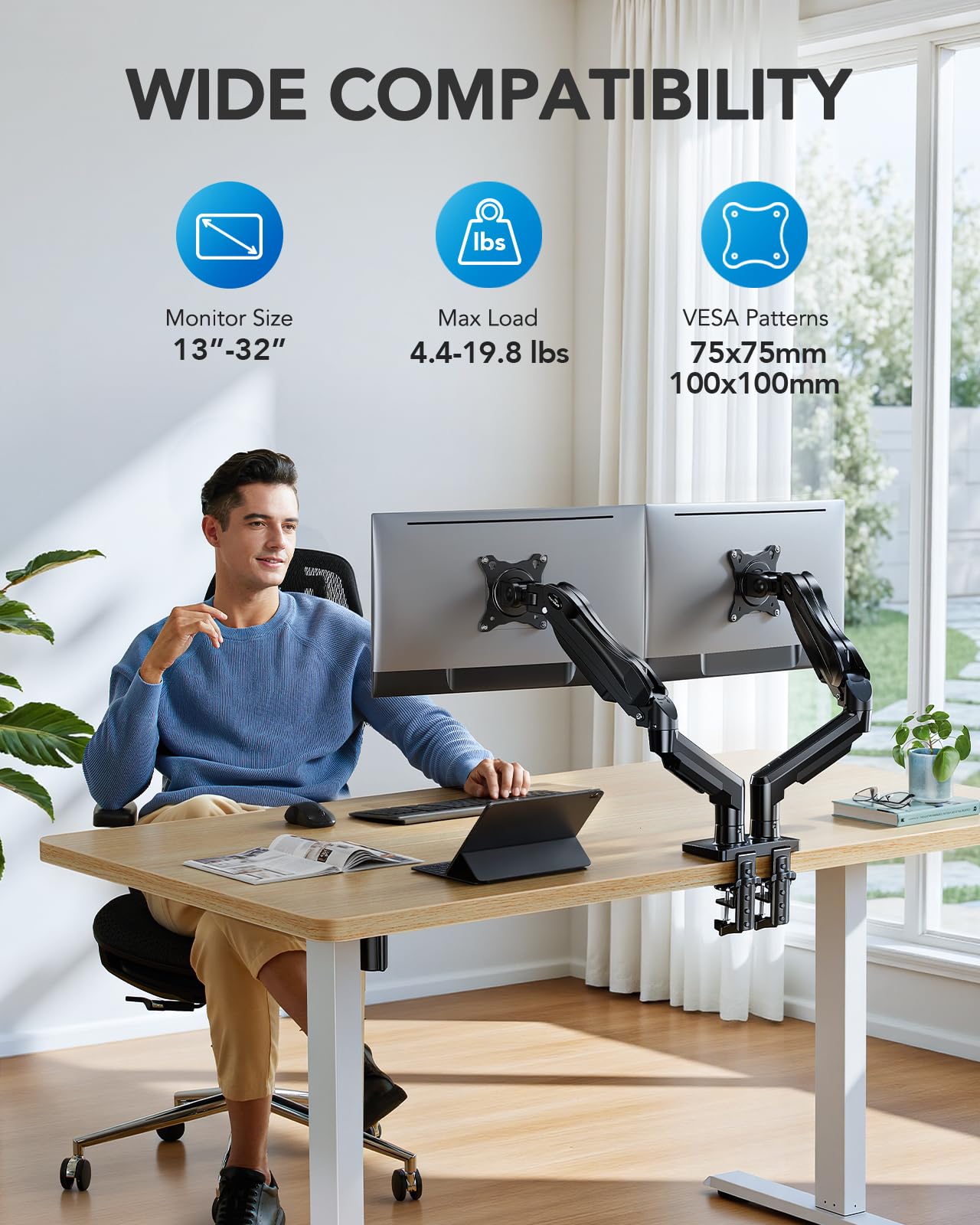 HUANUO FlowLift™ Dual Monitor Stand, Fully Adjustable Gaming Monitor Desk Mount for 13-32? Computer Screens, Full Motion VESA 75x75/100x100