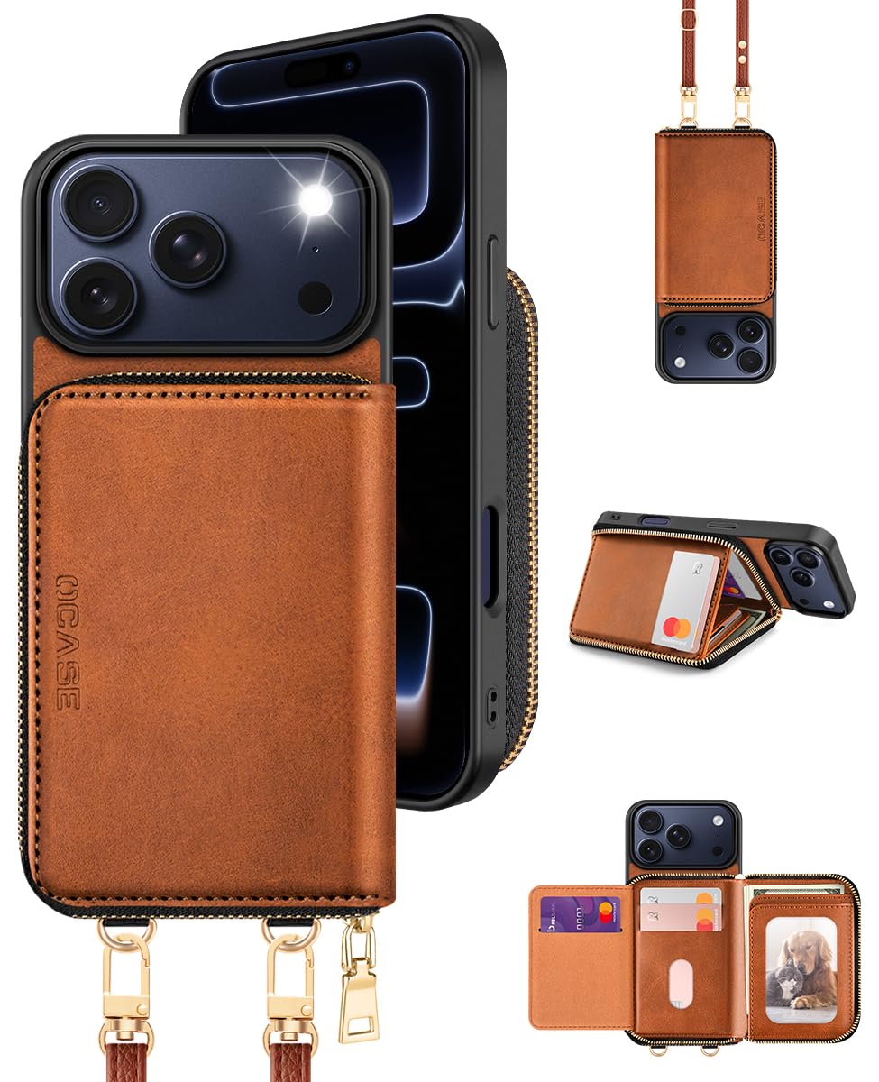 OCASE Compatible with iPhone 17 Pro Max Crossbody Wallet Case with Card Holder, PU Leather Zipper Handbag Phone Purse with RFID Blocking Kickstand