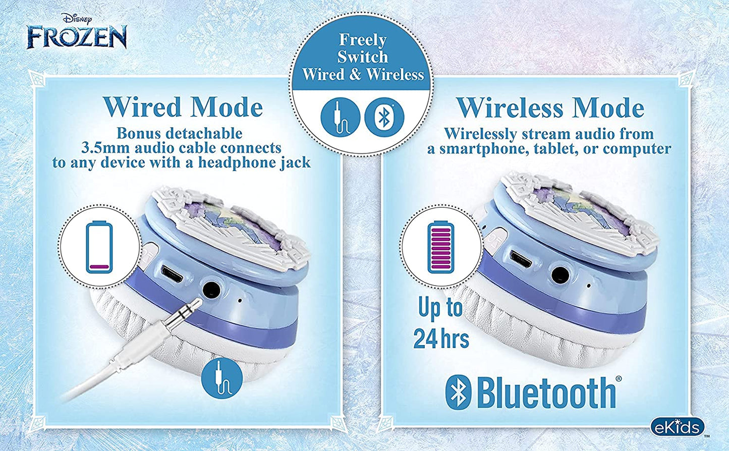 ekids Disney Frozen Kids Bluetooth Headphones, Wireless with Microphone, Includes Aux Cord, Volume Reduced, Foldable for School, Home, or Travel