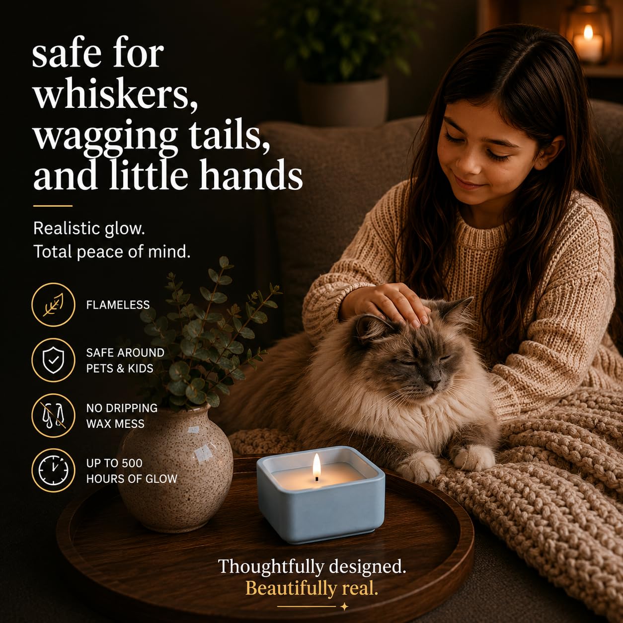Flameless Candle - Square LED Candle with Real Wax in a Cement Base | Battery Operated, 500+ Hours | Housewarming Gift, Home Décor, Bathroom, Coffee