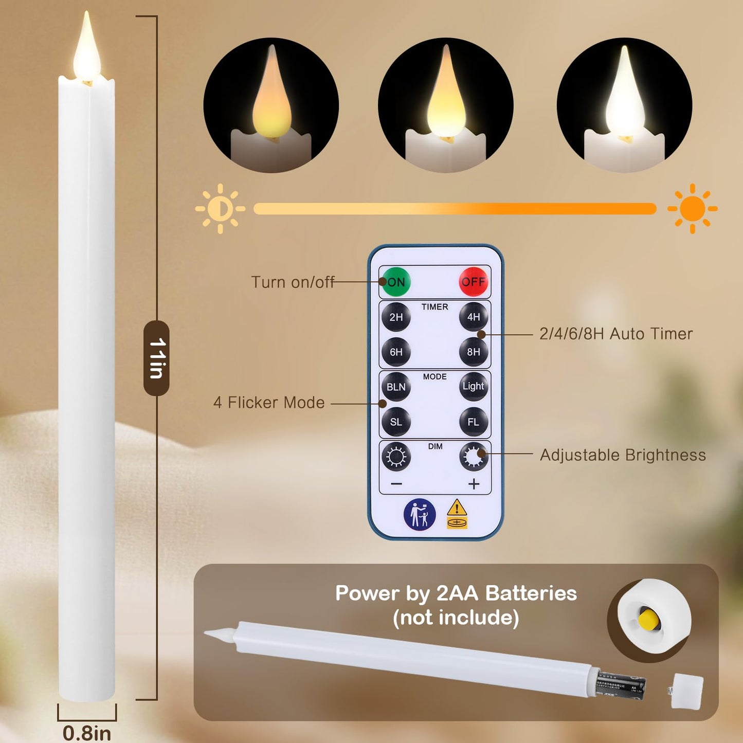 yunsheng 11 Inches Flameless Taper Candles Flickering with Remote & Timer, Set of 6 Battery Operated LED Window Candles, White Plastic LED Candlestick