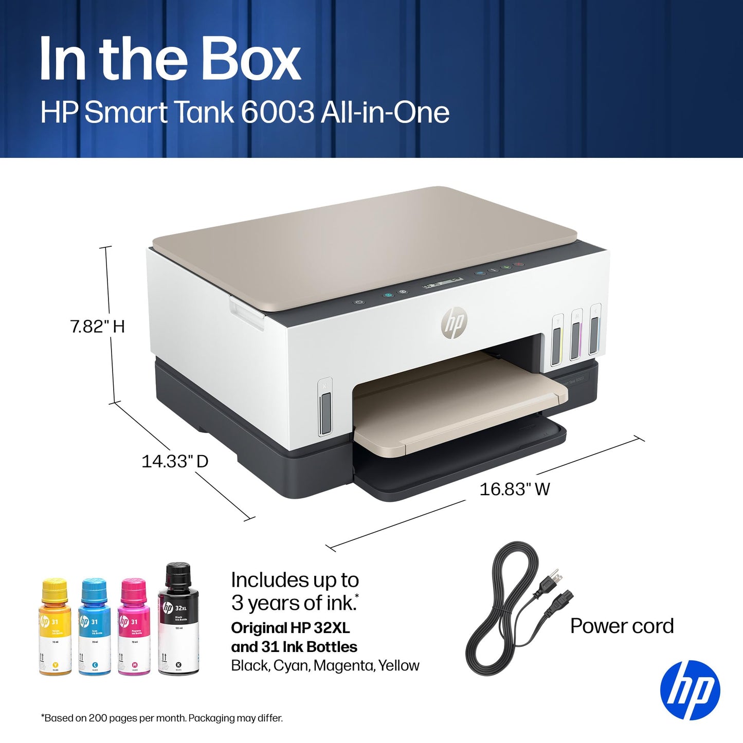 HP Smart Tank 6003 Wireless All-in-One Ink Tank Printer, Scanner, Copier with up to 3 Years of Ink Included, Best-for-Home, Cartridge-Free Refillable