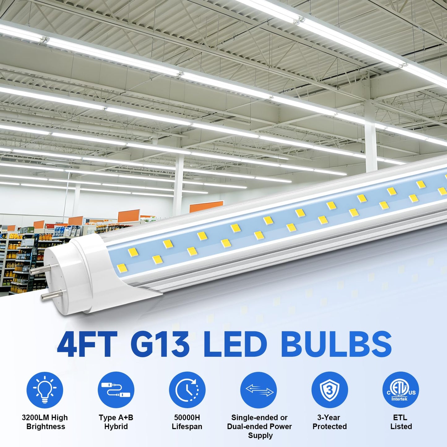 JESLED 12 Pack Type A+B T8 LED Bulbs 4 Foot, 24W 3200LM, 6000K Cool White
