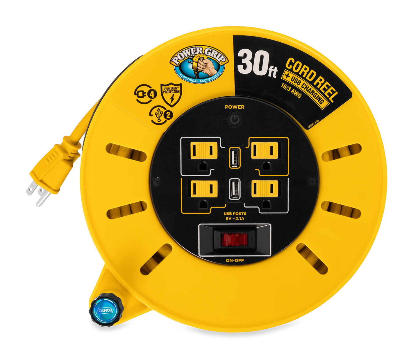 Camco 30-Ft 10 Amp RV Extension Cord Reel - Rated for 125V / 1,250W - Features 4 125V Electrical Outlets & 2 USB Ports - Includes On/Off Switch &