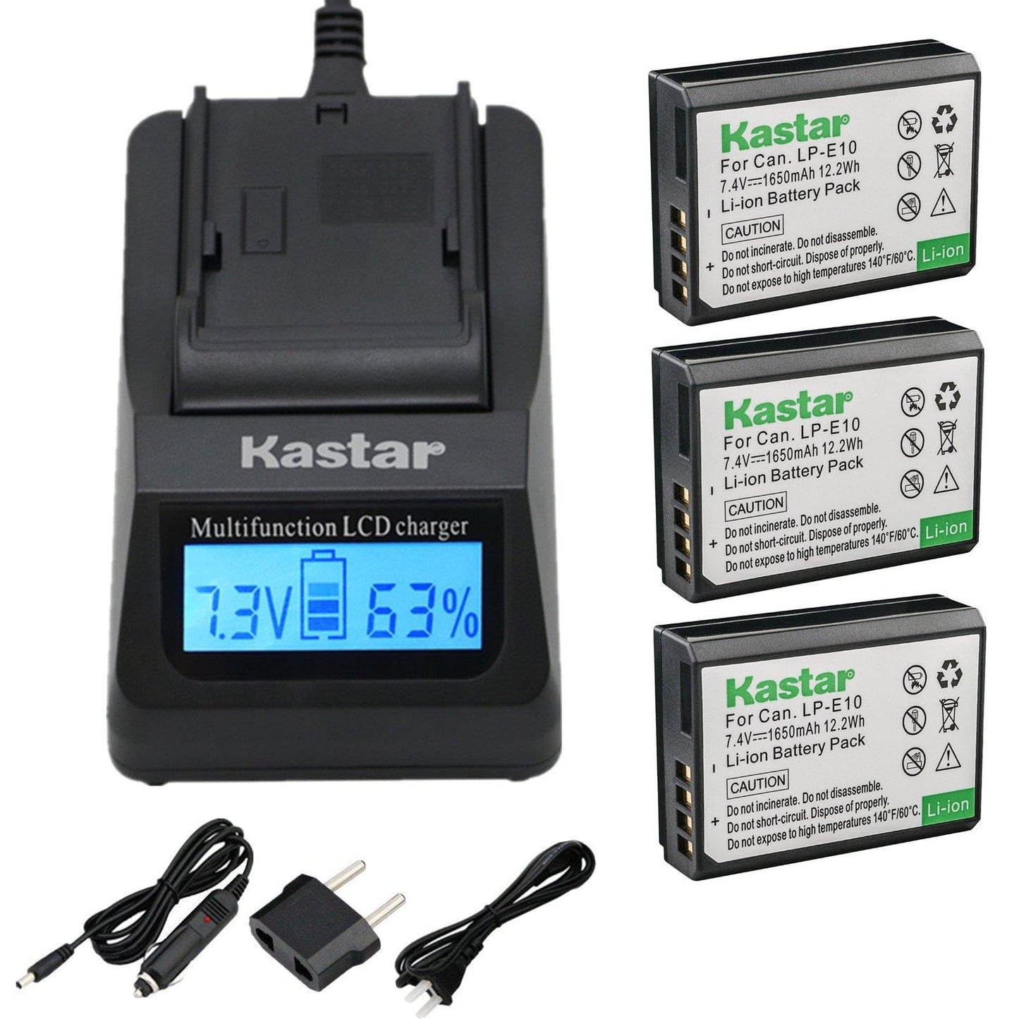 Kastar Ultra Fast Charger(3X Faster) Kit and Battery (3-Pack) for Canon LP-E10, LC-E10 Work with Canon EOS Rebel T5, EOS Rebel T3, EOS Kiss X50, EOS