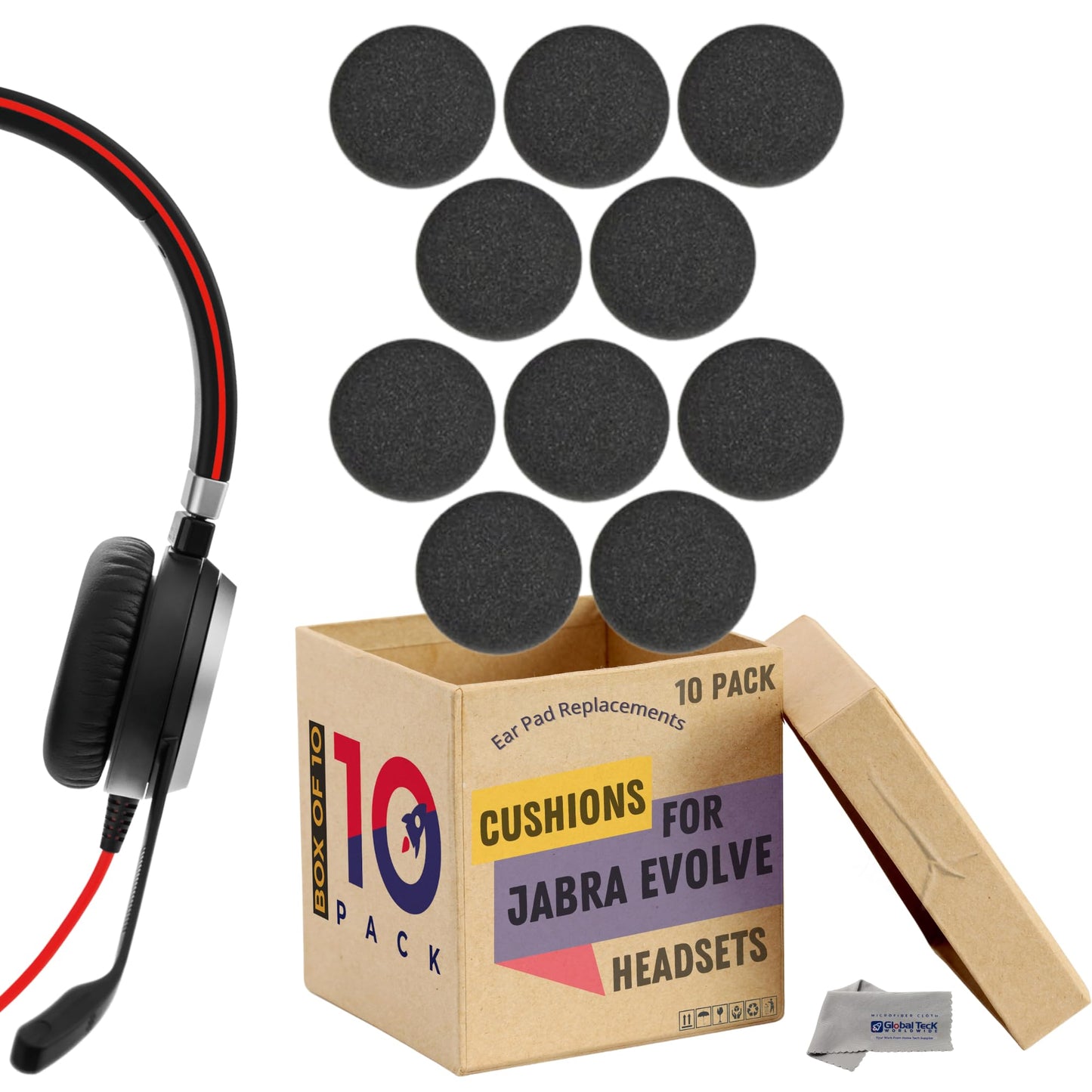 Foam Earpad Cushion for Jabra Headset Evolve 20, 30, 40, 65 - 10-Pack Replacement Kit Ear Cushions by Global Teck