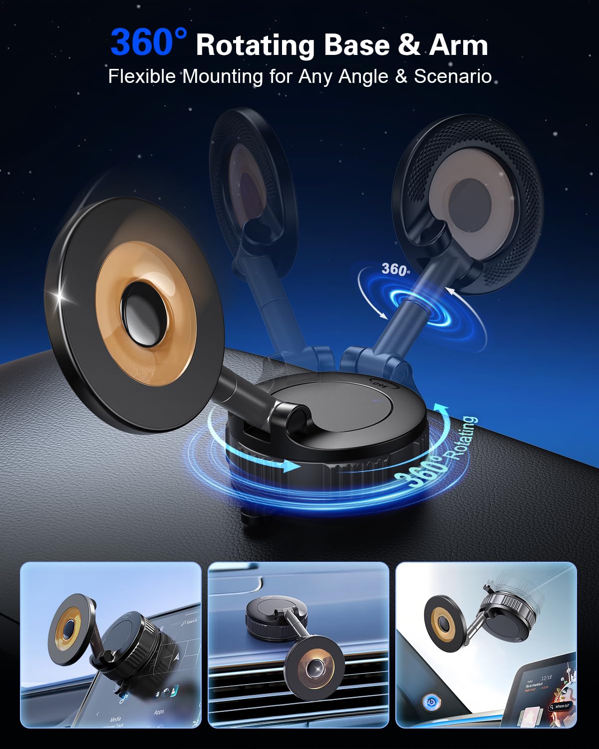 Dashboard Suction Cup Phone Mount for Magsafe: Dual Rotatable 360°Adjustable Nano Gel Vacuum Magnetic Phone Holder for Vehicle Screen Windshield Dash