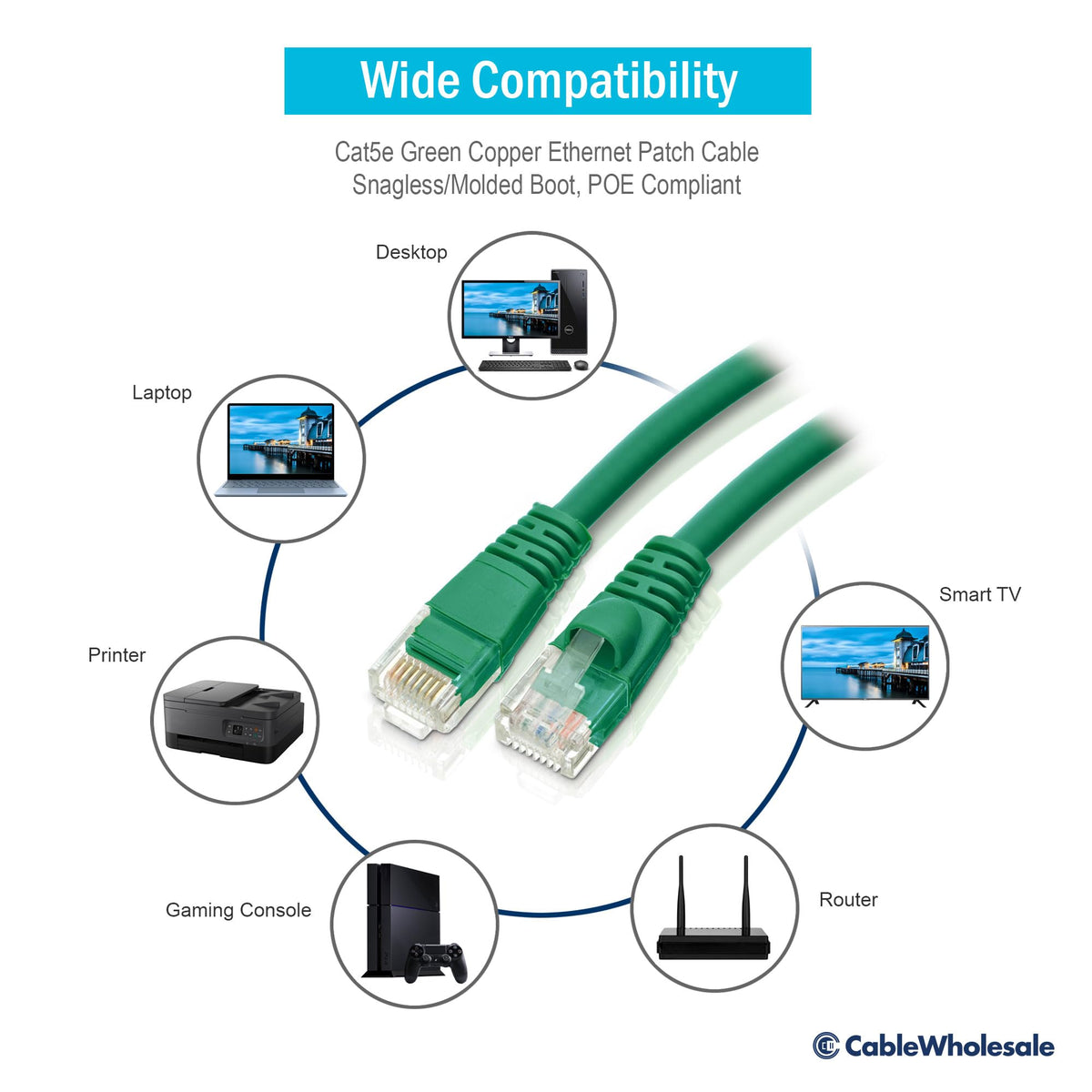 CableWholesale Cat5e UTP Ethernet Cable, Snagless Boot, PoE, 100 ft, Green