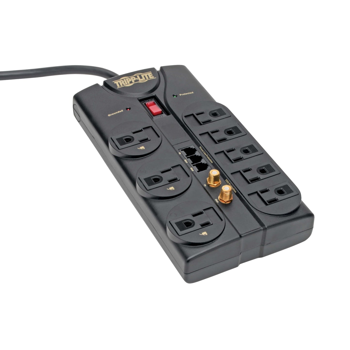 Tripp Lite 8 Outlet Surge Protector Power Strip, 8ft Cord, Right-Angle Plug, Tel/Fax/Modem/Coax Protection, RJ11, Life Limited Manufacturer's Warranty