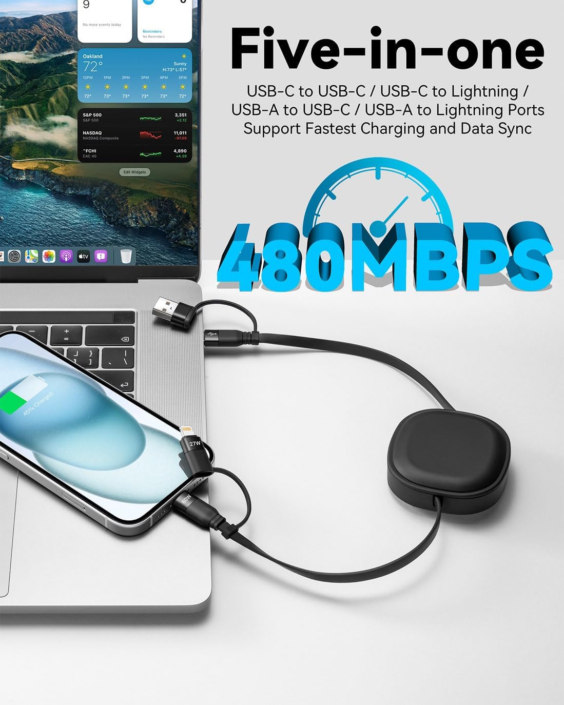 Multi Charging Cable, 2Pack 5 in 1 Retractable Lightning Charger Cable 60W USB C to USB C Fast Charging,Multiple USBC Cord Multi Car Charger