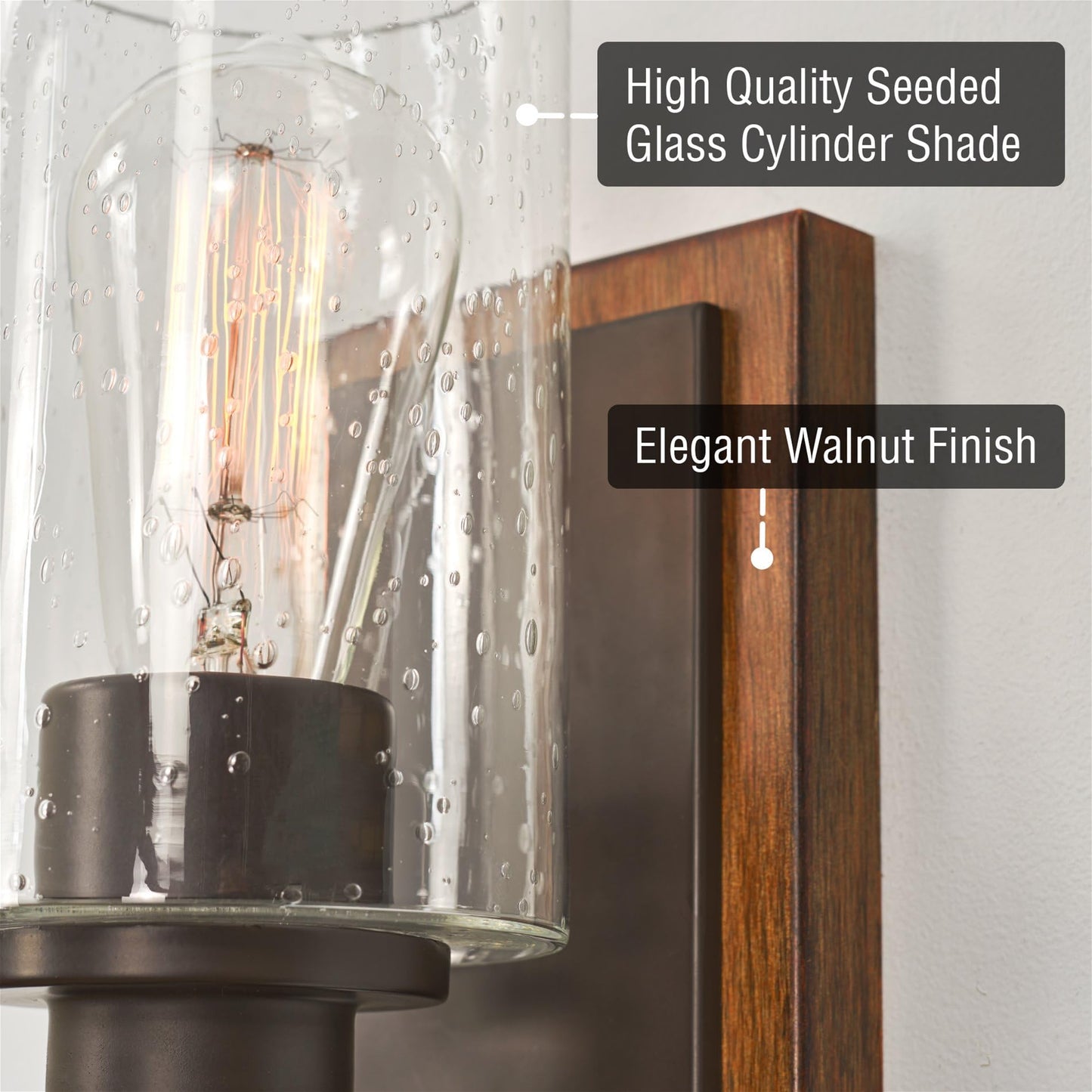Kira Home Sedona 9" Rustic Farmhouse Wall Sconce with Clear Seeded Glass Shade, Hand-Painted Wood Grain Metal, Walnut Wood and Oil Rubbed Bronze