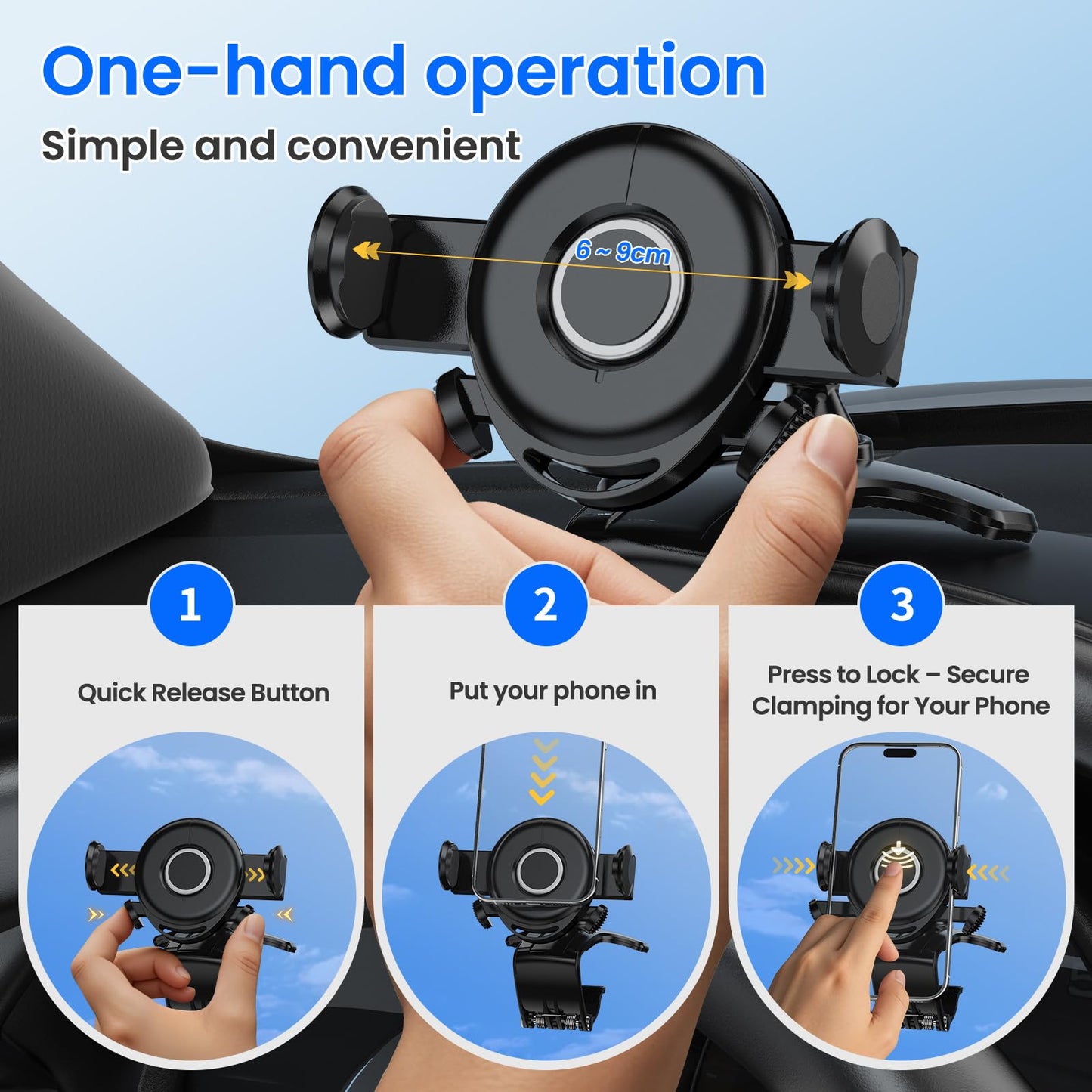 RIEMKSL Car Phone Holder Dashboard Phone Mount, 2025 Upgraded 360 Degree Rotation Multifunctional Clip Design, Universal Car Phone Mount Compatible