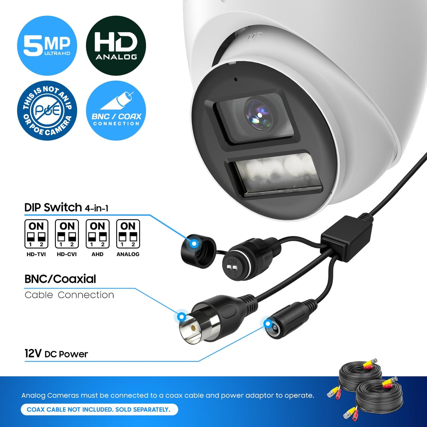 Amcrest Analog 5MP NightColor Outdoor Security Camera, Turret 5MP @ 25fps, CCTV-Coax-BNC, 131ft Full Color Night Vision, Mic, 132° FOV (Not an IP