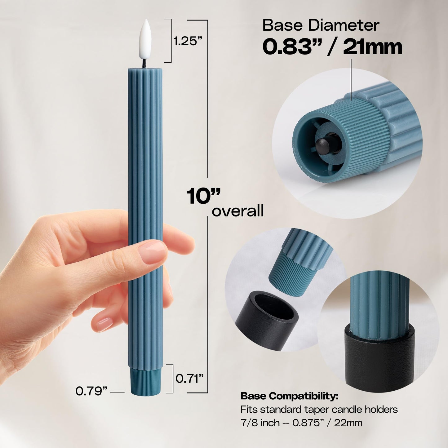 West Ivory 12 Pack, 10" LED Flameless Blue Fluted Ribbed Grooved Taper Candles with 2 Remotes & 24h Timer Memory, On/Off Button, Dimmable, Flicker