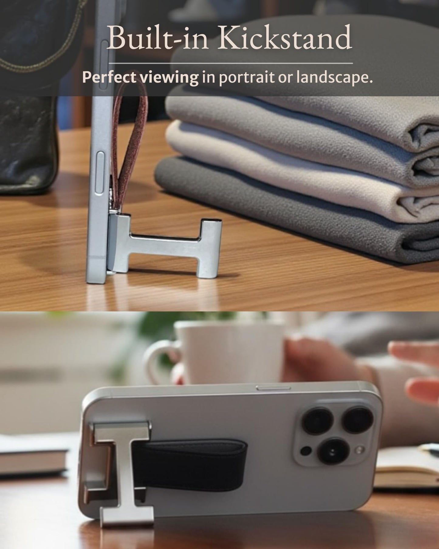 Hero Luxury Phone Grip with Premium Leather Loop, Metal Buckle, Built-in Kickstand (Chrome Buckle + Black Leather)