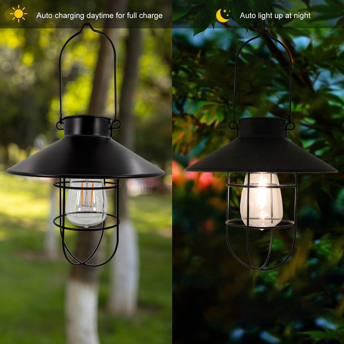 OMRAYTU Hanging Solar Lantern Outdoor, Black Metal Lanterns Warm White Solar Hanging Lights Waterproof Edison Bulb Design for Garden Yard Patio Proch