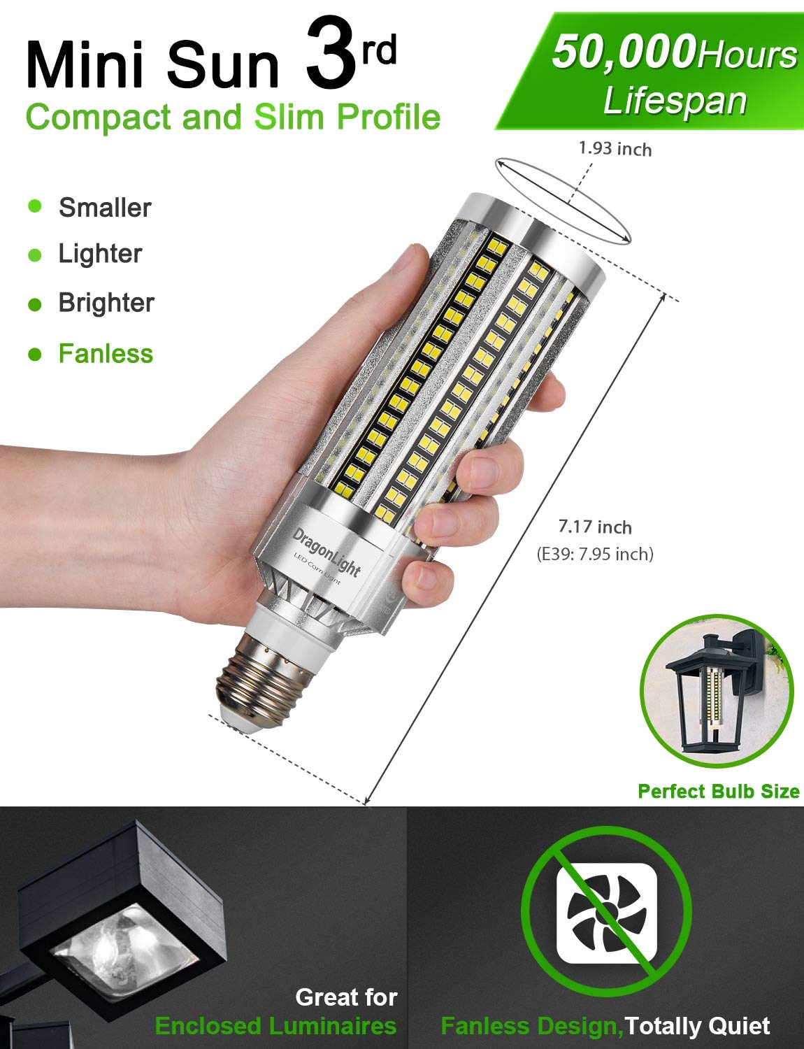 DragonLight 54W Corn LED Light Bulb Fanless (400 Watt Equivalent) E26/E39 Large Mogul Base LED Lamp 3000K Warm White 6,500LM