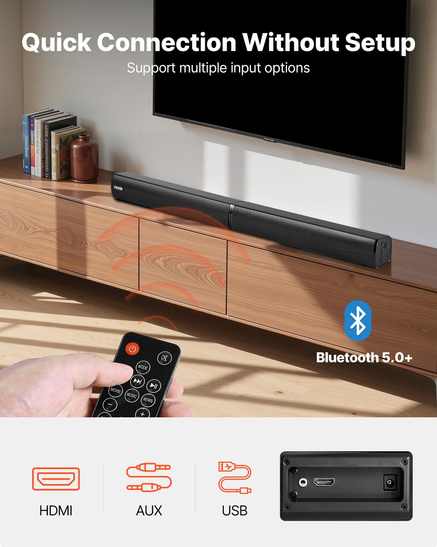 VEVOR Sound Bar for Smart TV, 2.0 Channel, 32-Inch 2 in 1 Detachable Soundbar TV Speakers, with Bluetooth HDMI AUX USB Connection, Remote Control, 80W