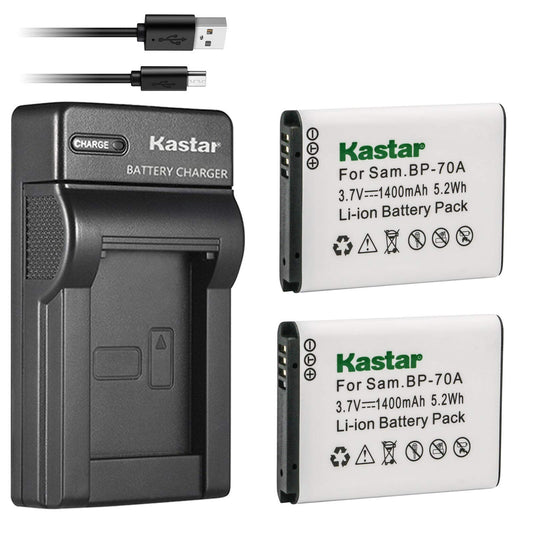 Kastar Battery (X2) & Slim USB Charger for Samsung BP-70A, BP70A, EA-BP70A and ES65 ES67 ES70 ES71 ES73 ES74 PL80 PL81 PL100 PL101 SL50 SL600 SL605