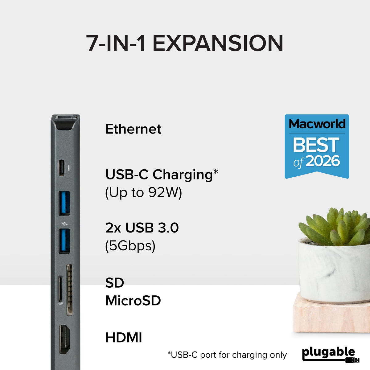 Plugable 7-in-1 USB C Hub Driverless Multiport Adapter with Ethernet