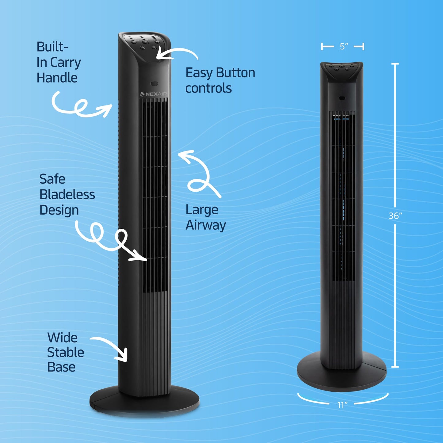 NEXAIR 36” Oscillating Tower Fan, 3 Speed Portable Fan Tower With Remote Control, Quiet Operating Floor Fan for Bedroom with 7.5 Hr Auto Off Timer