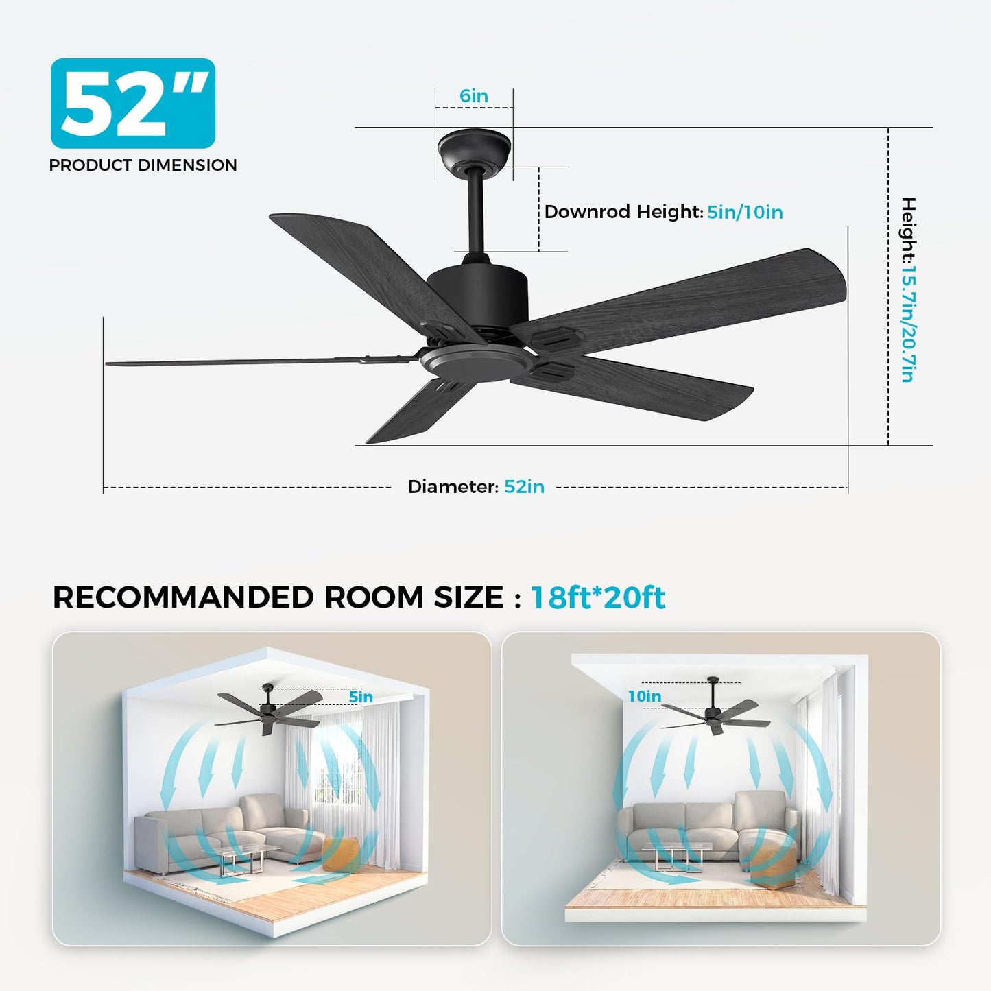 Obabala 52 Inch Ceiling Fan No Light, Modern Black Ceiling Fan Without Light with Remote & APP, Quiet Reversible DC Motor, 6-Speeds, for Living Room