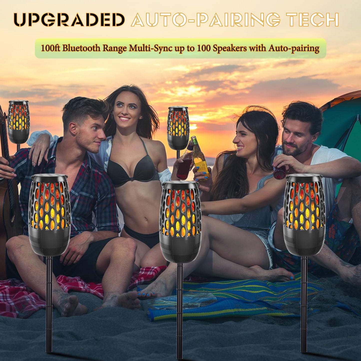 Upgraded Outdoor Bluetooth Speakers Patio with LED Lights - IPX6 Waterproof, Multi-Sync Up to 100 Speakers, Auto-Pairing, 3 Lighting Modes, Portable