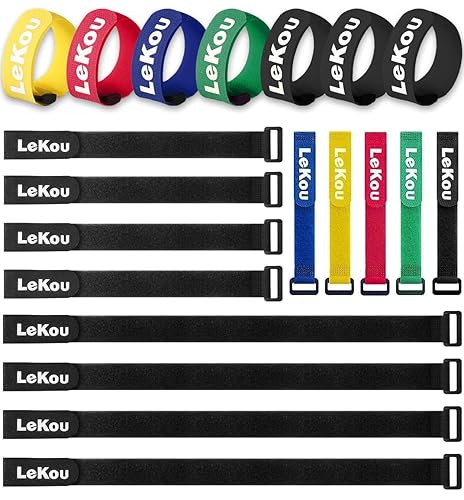 Lekou Reusable Fastening Cable Securing Straps and Cable Ties, 20 Pack (8" 12" 18") Nylon Adjustable Fastening Hook and Loop Straps Mixed Color