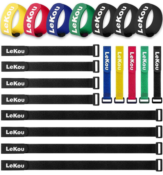 Lekou Reusable Fastening Cable Securing Straps and Cable Ties, 20 Pack (8" 12" 18") Nylon Adjustable Fastening Hook and Loop Straps Mixed Color