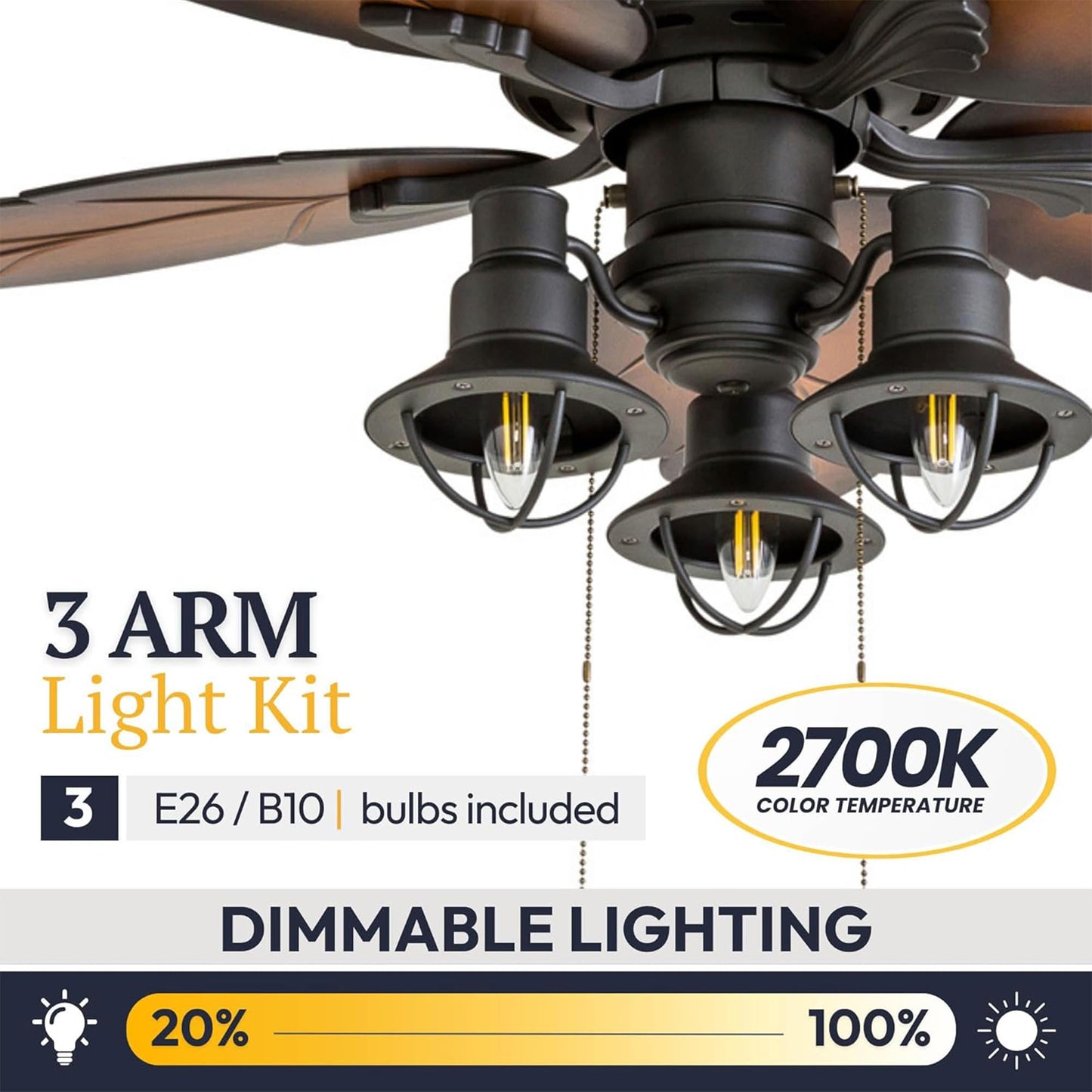 Prominence Home Ocean Crest 52 Inch Tropical Indoor Outdoor Ceiling Fan with LED Light, Pull Chain, 5 Leaf Blades with Reversible Motor, Bronze