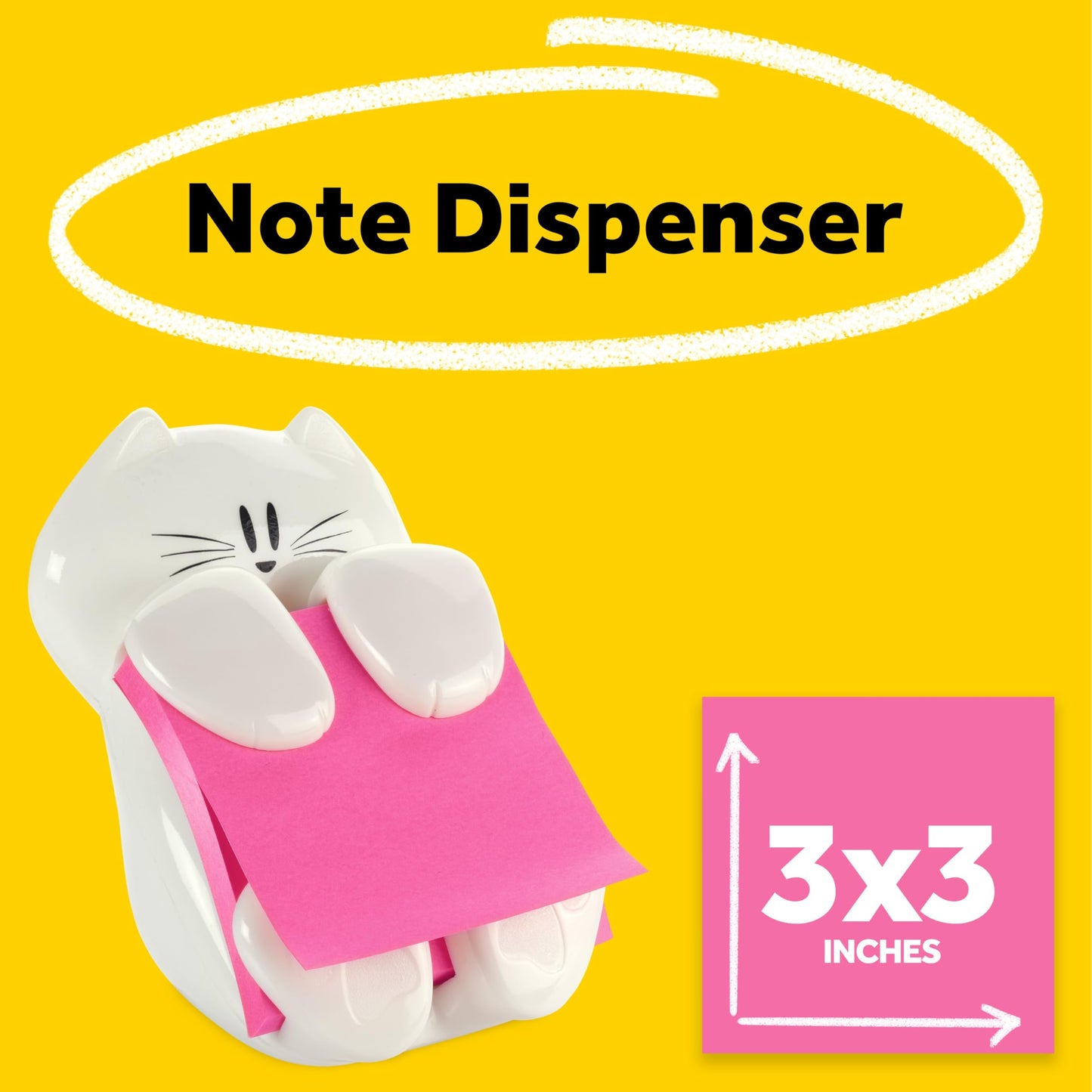 Post-it Dispenser, Sticky Note Holder, White Cat Design, Includes 45 Pop-Up Sheets of 3 in x 3 in Pink, Sticky Notes Holder for Desk, Classroom or