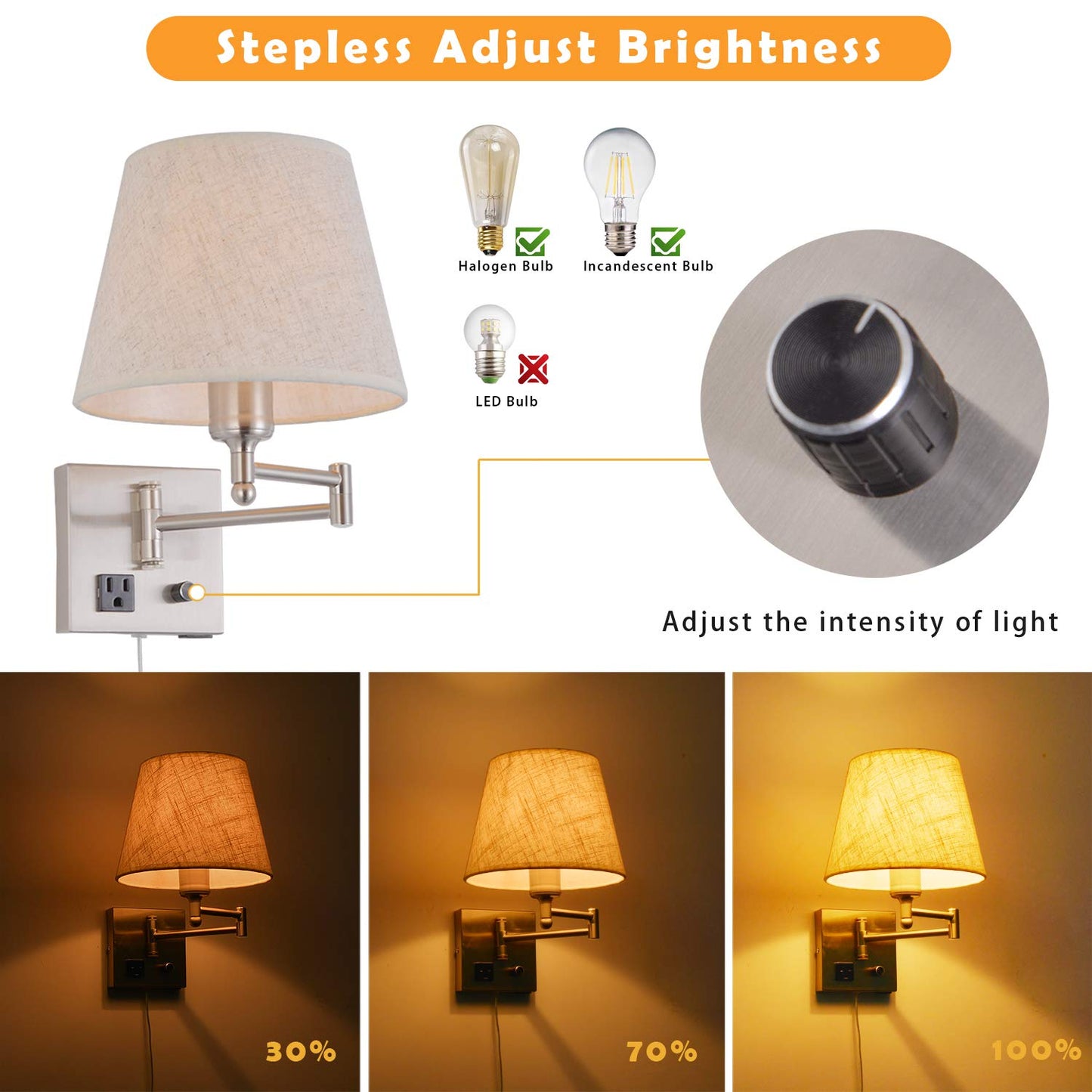 Bedside Wall Mount Light with Dimmable Switch and Outlet, Swing Arm Fabric Shade Wall Sconce Light with USB Port and Plug in Cord, Satin Nickel Wall
